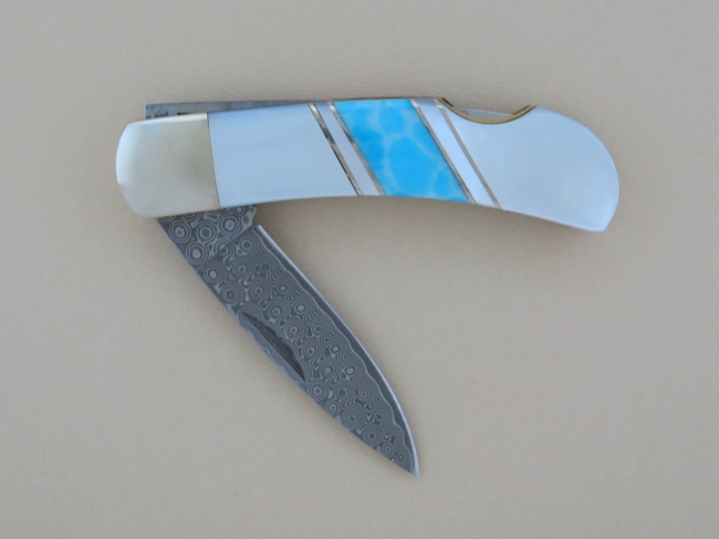 Larimar Trustone Damascus Steel Pocketknife - Click Image to Close